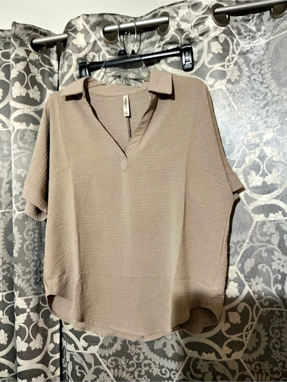 Zenana Texture Collared Neck Short Sleeve Top Women's Beige Medium